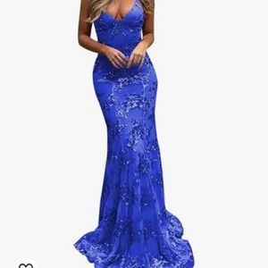 V neck royal blue sparkly prom dress